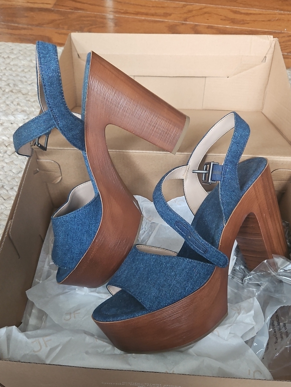 Mix No.6  Denim Blue Platform Strappy Sandals Wood-Effect Heels Size 8.5 / 39
